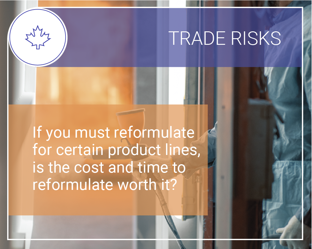 Trade Risk. If you must reformulate for certain product lines, is the cost and time to reformulate worth it?